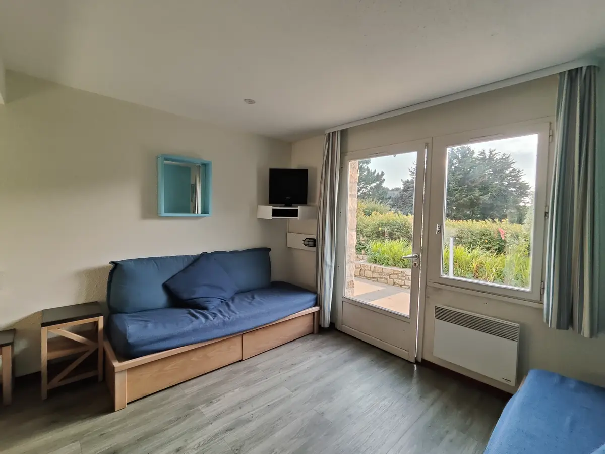 Salon avec TV et porte-fenêtre